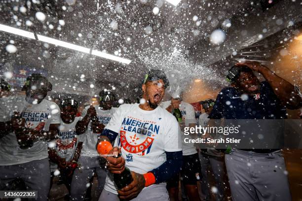 Martin Maldonado of the Houston Astros celebrates in the locker room after defeating the New York Yankees in game four of the American League...
