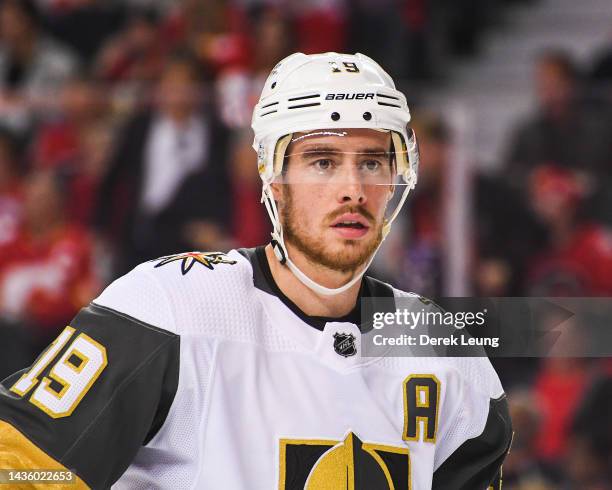 Reilly Smith of the Vegas Golden Knights in action against the Calgary Flames during an NHL game at Scotiabank Saddledome on October 18, 2022 in...