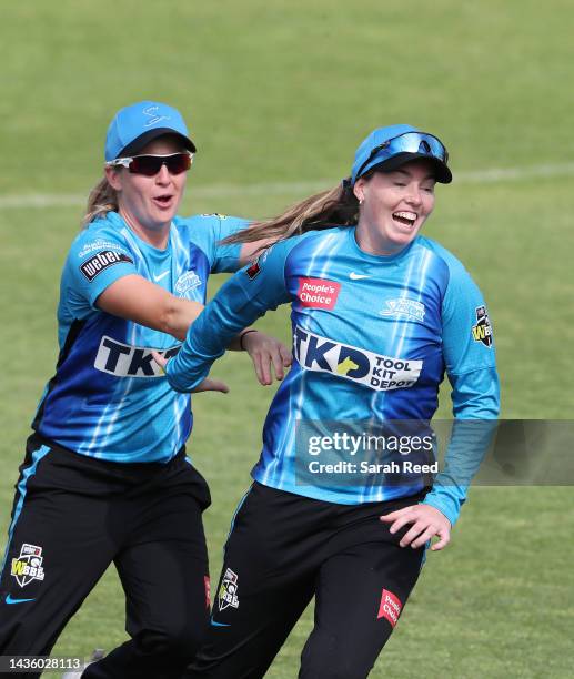 Amanda-Jade Wellington of the Adelaide Strikers and Jemma Barsby of the Adelaide Strikers after Renegades all out for 101 runs during the Women's Big...