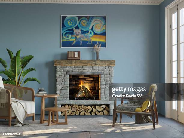 living room with fireplace - fireplace fotografías e imágenes de stock