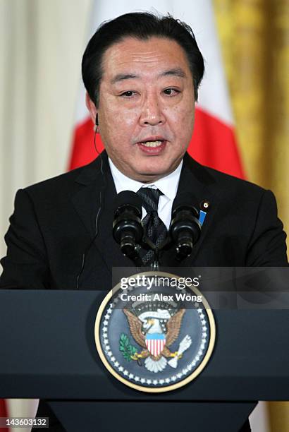 Japanese Prime Minister Yoshihiko Noda speaks during a press conference with U.S. President Barack Obama at the East Room of the White House April...