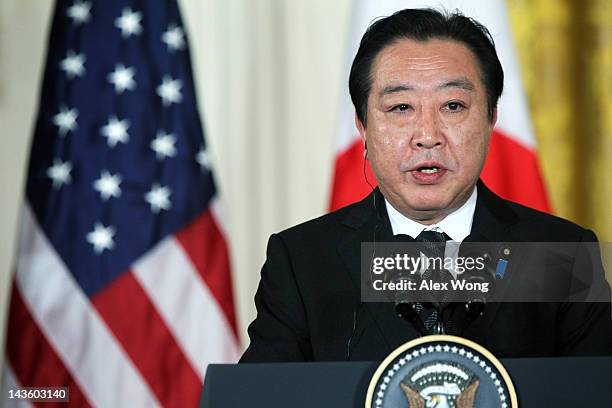 Japanese Prime Minister Yoshihiko Noda speaks during a press conference with U.S. President Barack Obama at the East Room of the White House April...