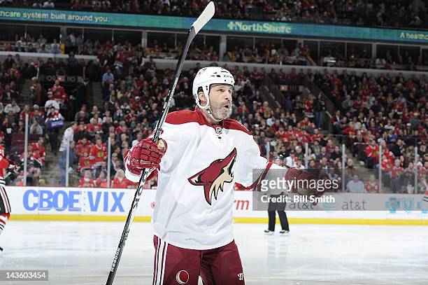 Goalie Daymond Langkow of the Phoenix Coyotes reacts after the Coyotes scored a goal during Game Six of the Western Conference Quarterfinals against...