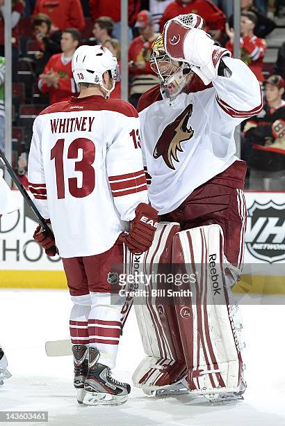 Ray Whitney and goalie Mike Smith of the Phoenix Coyotes celebrate after winning the Western Conference Quarterfinals against the Chicago Blackhawks...
