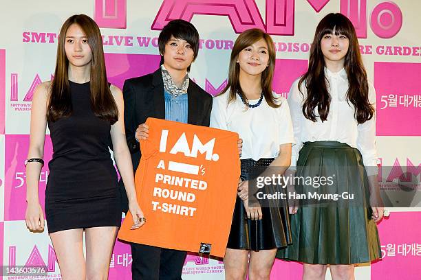Krystal, Amber, Luna and Sulli of South Korean K-Pop idol girl group f attend a showcase to promote 'I AM.' at CGV on April 30, 2012 in Seoul, South...