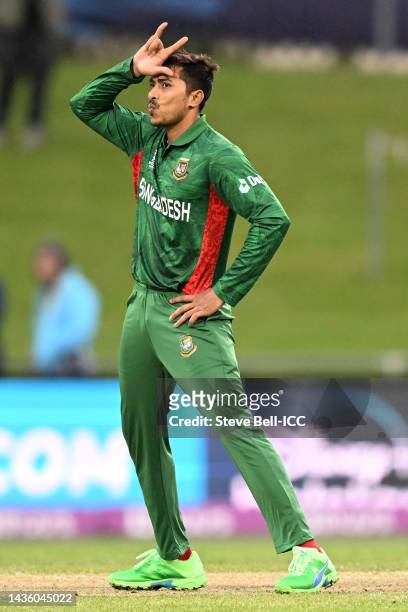 Soumya Sarkar of Bangladesh celebrates the wicket of Paul van Meekeren of the Netherlands for 24 runs during the ICC Men's T20 World Cup match...