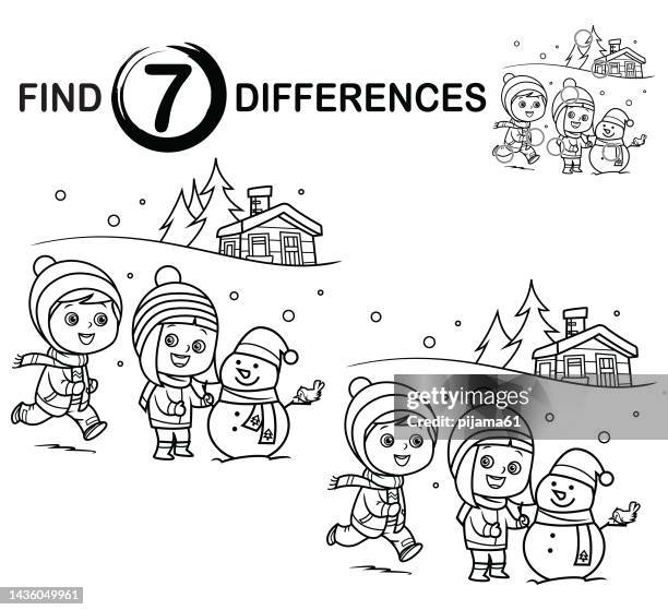 ilustraciones, imágenes clip art, dibujos animados e iconos de stock de blanco y negro encuentra diferencias, niños felices construyendo muñeco de nieve en invierno. - parvulario