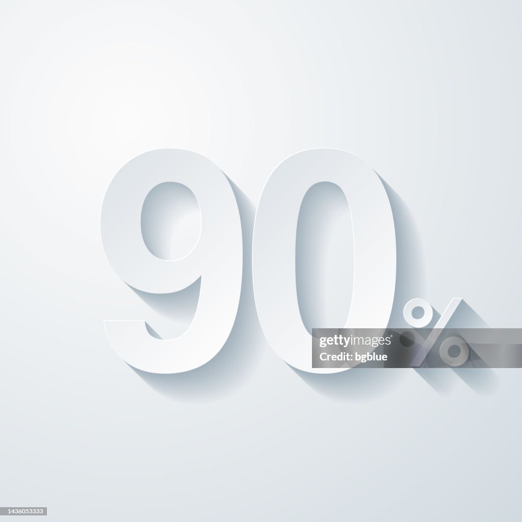 90% - Ninety percent. Icon with paper cut effect on blank background