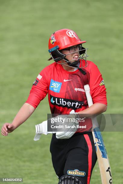 Ella Hayward of the Melbourne Renegades walks off for a duck after being stumped by Tegan McPharlin and bowled by Amanda-Jade Wellington of the...