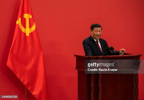 General Secretary and Chinese President Xi Jinping speaks at a press event with Members of the new Standing Committee of the Political Bureau of the...