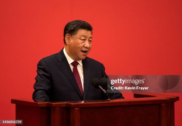 General Secretary and Chinese President Xi Jinping speaks at a press event with Members of the new Standing Committee of the Political Bureau of the...