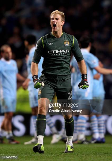 Joe Hart of Manchester City celebrates at the end of the Barclays Premier League match between Manchester City and Manchester United at the Etihad...