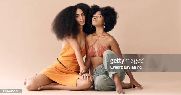 black woman, fashion and beauty portrait of friends relax together with confidence, women empowerment and self love. attitude, skincare and cosmetics makeup of gen z girls with african culture pride - perfect girls body stock pictures, royalty-free photos & images