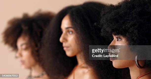 beauty, hair and face with a black woman and friends in studio for natural haircare with a curly afro. closeup, profile and heritage with a young african female and group of independent, proud women - hair care stock pictures, royalty-free photos & images