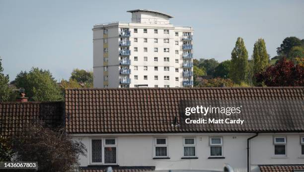 Windows in a tower block style high-rise block of flats overlook a housing estate, on October 18, 2022 in Bristol, England. The UK is currently...