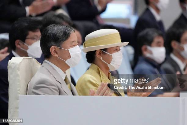 Emperor Naruhito and Empress Masako attend the opening ceremony of the National Cultural Festival at the Okinawa convention Center on October 23,...