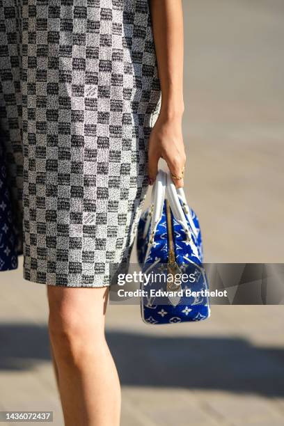 Aya wears a black and white ripped checkered print pattern zipper / sleeveless knees dress from Louis Vuitton, a royal blue with white LV monogram...