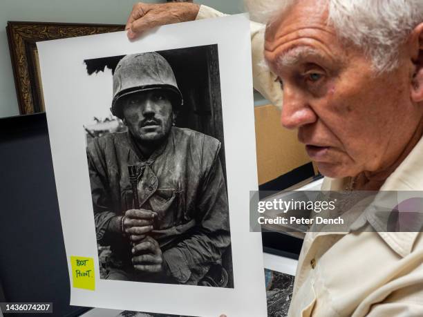 British photojournalist Don McCullin in his studio at home in Somerset on July 22, 2022 in Somerset, England. He's holding one his most recogniseable...
