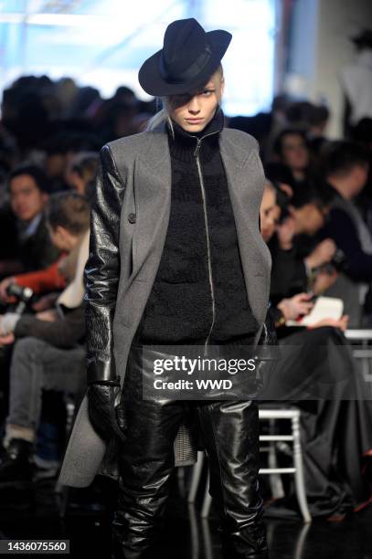 Model Andrej Pejic on the runway at Jean Paul Gaultier's fall 2012 menswear show at 325 rue Saint-Martin.