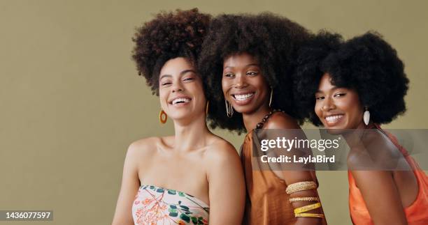 women, empowerment and black beauty culture model for afro natural hair care, skincare product for black people. proud, young and excited african girl power friends happy, smile and makeup cosmetics - model smile stockfoto's en -beelden