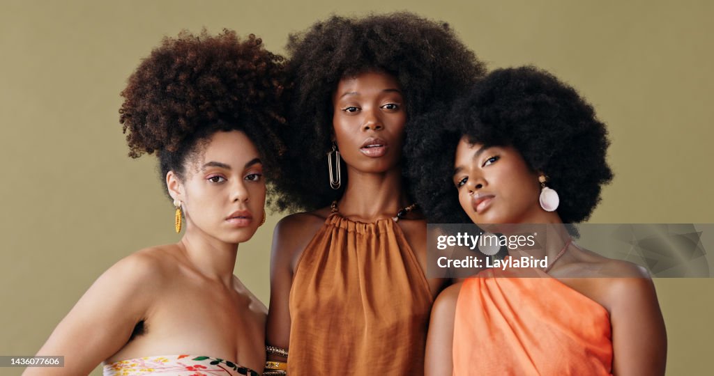 Schwarze Frau, Gruppe und Haare für afro, natürliche und afrikanische Schönheit zusammen mit Studiokulisse. Mode, Solidarität und Einheit für Freunde, Frauen und Mädchen zeigen Empowerment als schwarze Menschen im Porträt