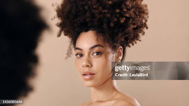 beauty, skincare and a portrait of an elegant black woman model with cosmetics and afro hair style. makeup, cosmetic glamour and a luxury skin care studio shoot with beautiful face of african girl. - friends studio shot stock pictures, royalty-free photos & images