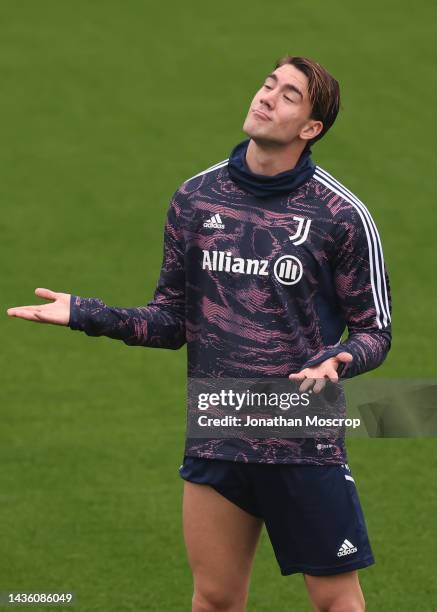 Dusan Vlahovic of Juventus reacts during the UEFA Champions League Training Session at JTC on October 24, 2022 in Turin, Italy.