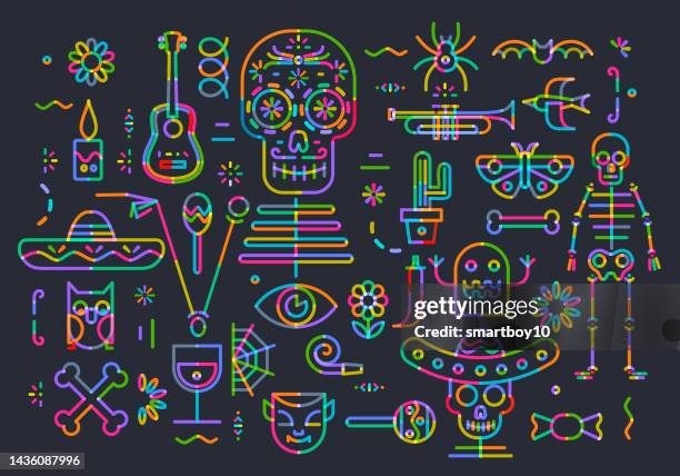 day of the dead icon set, dia de los muertos - dia de muertos stock illustrations