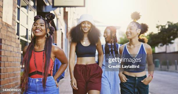 happy gen z friends, city street and urban hip hop style, fashion and freedom walking in urban brazil. young hipster women group, black people dance crew and unique youth culture with trendy attitude - all hip hop models stock pictures, royalty-free photos & images