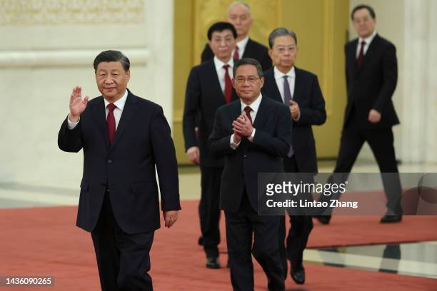 Xi Jinping, Li Qiang, Zhao Leji, Wang Huning, Cai Qi, Ding Xuexiang and Li Xi, attend the meeting between members of the standing committee of the...