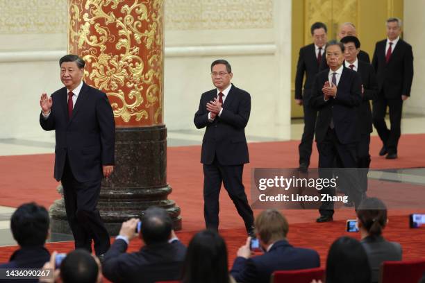 Xi Jinping, Li Qiang, Zhao Leji, Wang Huning, Cai Qi, Ding Xuexiang and Li Xi, attend the meeting between members of the standing committee of the...