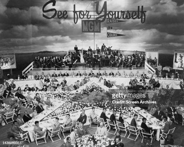 Featuring the roster of MGM stars 1953 at annual function including Gene Kelly, Fred Astaire, Barbara Stanwyck, Ann Blyth, William Holden, Dewey...