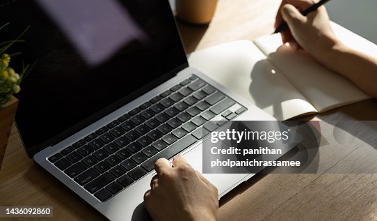 Take Notes Notebook Hand Take Note On Notebook With Computer Laptop With Morning Sunlight ...