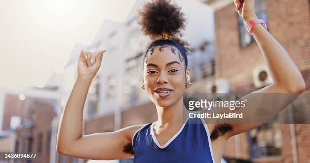armpit, hair and city with a proud black woman standing outside with a trendy, edgy and modern style. portrait, beauty and natural feminist with an african american woman in an urban town with flare - cape town bo kaap stock pictures, royalty-free photos & images