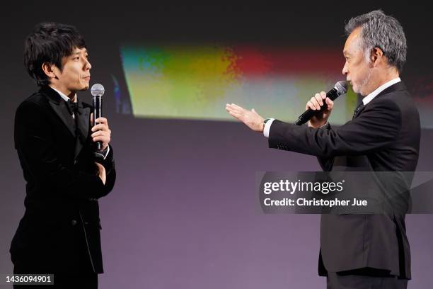 Cast member Kazunari Ninomiya and director Zeze Takahisa attend the opening ceremony of the 2022 Tokyo International Film Festival at Tokyo...