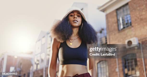 black woman, hair and hip hop fashion in street outside with edgy confidence, attitude and style in sunshine. girl, city and urban with makeup, clothes and beauty on road for swag portrait in chicago - all hip hop models stock pictures, royalty-free photos & images