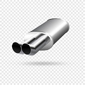 Vector illustration, car exhaust pipe muffler, steering wheel realistic 3d icon