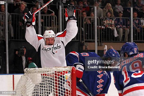 Jason Chimera of the Washington Capitals celebrates after he scored a first period goal against the New York Rangers in Game Two of the Eastern...