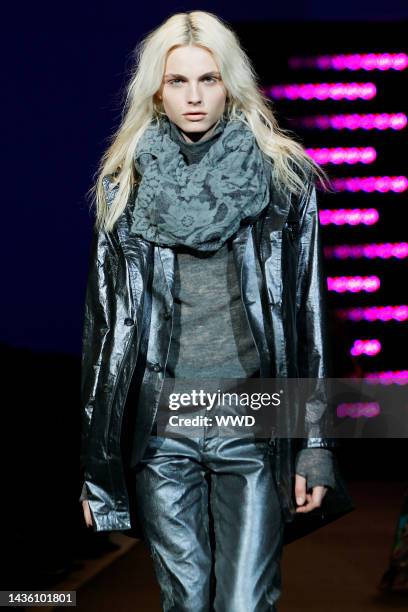 Model Andrej Pejic wears a menswear look on the runway at Custo Barcelona\'s fall 2011 Lincoln Center\'s Stage.