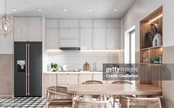 modern kitchen and dining room with table and chairs on retro tiled floor - refrigerator stock pictures, royalty-free photos & images