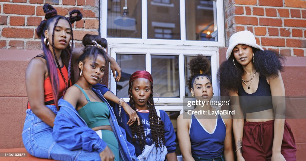 Gen z friends, portrait and urban fashion, hip hop style and young London city influencers. Hipster dance crew, black people and different women, unique beauty and african youth culture outdoor trend