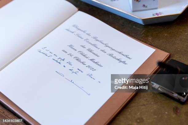 Guest book stands after new Ukrainian Ambassador to Germany Oleksii Makeiev signs in during his official accreditation at Schloss Bellevue palace on...