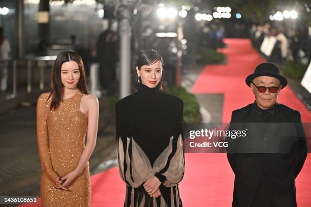 Japanese actress Mei Nagano, Japanese actress Erika Toda and Japanese director Ryuichi Hiroki attend the opening ceremony of the 35th Tokyo...
