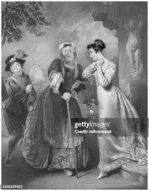 old engraved illustration of a young, beautiful woman meets an old ugly woman in the park - old ugly woman ストックフォトと画像