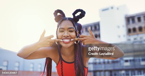 swag portrait and middle finger of happy black woman with rebel personality in puerto rico. rude, naughty and conflict sign from confident girl with carefree attitude and opinion in city. - puerto rico dance stock pictures, royalty-free photos & images