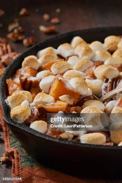 sweet potato casserole with marshmallows - baked sweet potato stock pictures, royalty-free photos & images