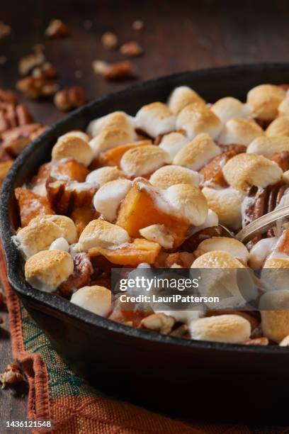 sweet potato casserole with marshmallows - mashed sweet potato imagens e fotografias de stock