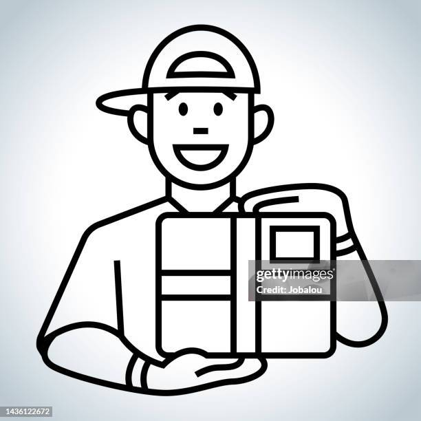 single line young nice face courier delivering - delivery room stock illustrations