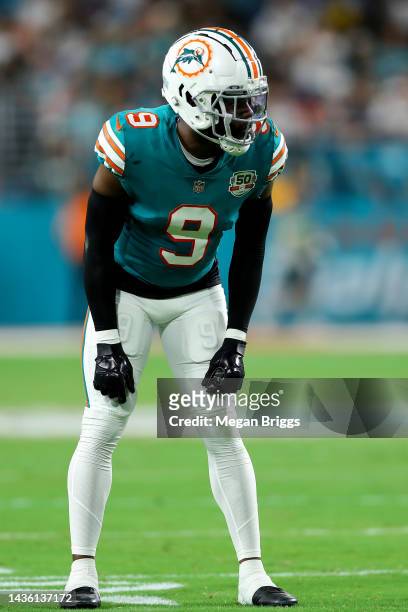 Noah Igbinoghene of the Miami Dolphins lines up against the Pittsburgh Steelers during the first half at Hard Rock Stadium on October 23, 2022 in...