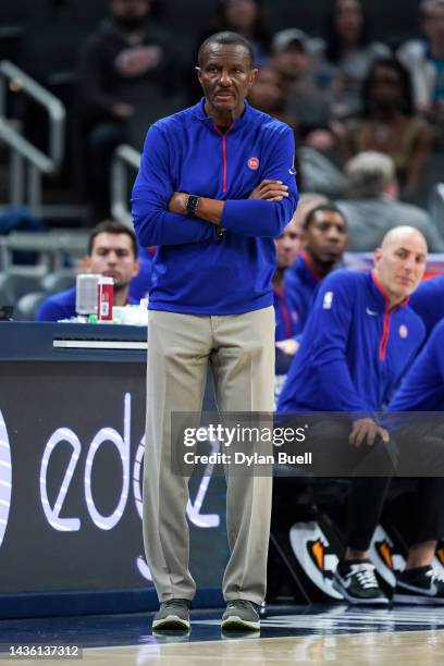 Head coach Dwane Casey of the Detroit Pistons looks on in the fourth quarter against the Indiana Pacers at Gainbridge Fieldhouse on October 22, 2022...